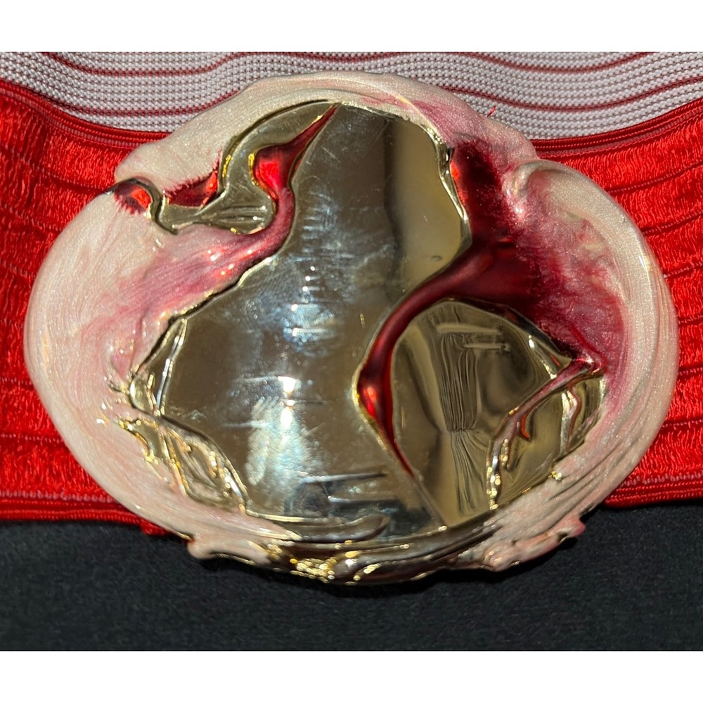 VINTAGE CHARMANT OF BEVERLY HILLS ENAMEL CRANES HERONS RED BELT & BUCKLE